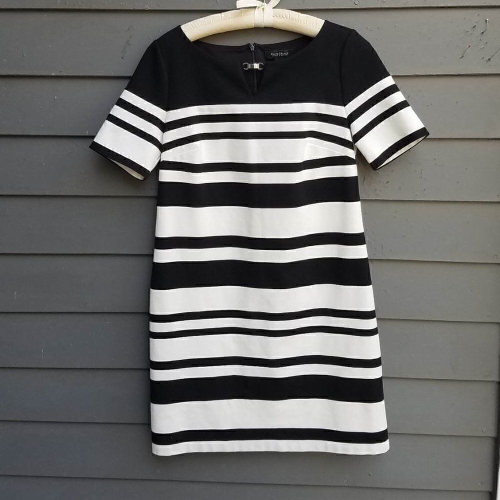 White House Black Market NAVY and white Stripe A Line Knit Dress size 10